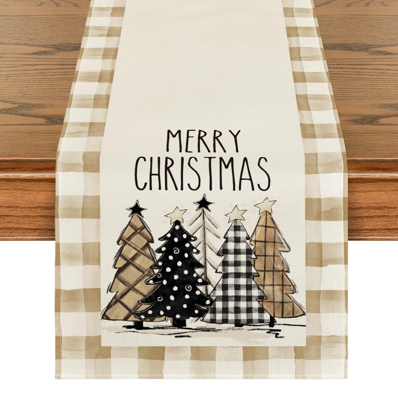 Watercolor Brown Buffalo Plaid Christmas Trees Merry Xmas Table Runner, Seasonal Winter Holiday Kitchen Dining Table Decoration for Home Party Decor 13 x 72 Inch